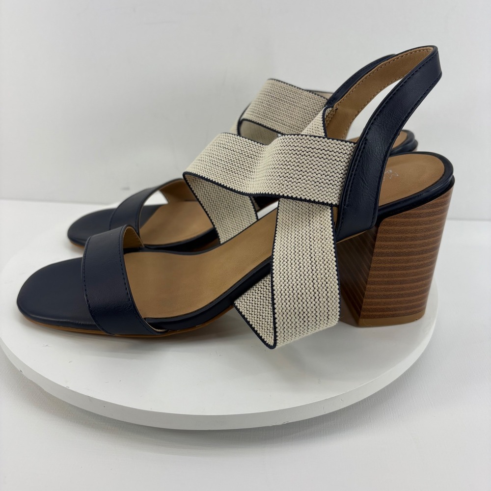 Market & Spruce Womens Slingback Block Heel Sandals Navy Beige Size 10 - Picture 2 of 9